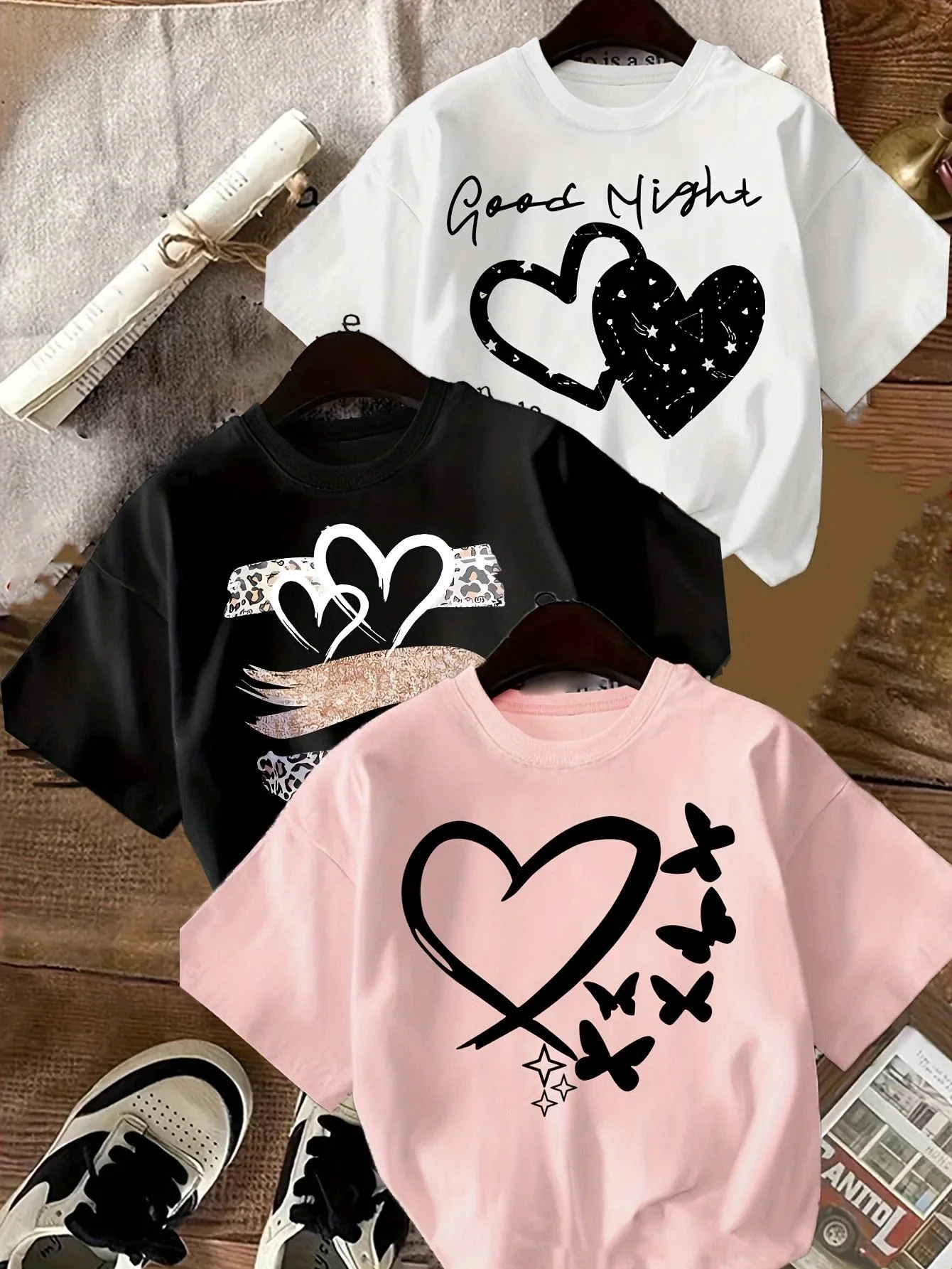 Lot de 3 T Shirts Fille Coeur Imprimé Léopard Noir Rose Blanc – Image 2
