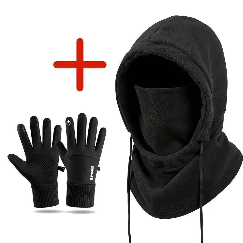 Set Hiver 2 Pièces Cagoule Et Gants Épais Unisexe Noir Pour Sports De Plein Air Et Trajets Quotidiens Chaud Léger