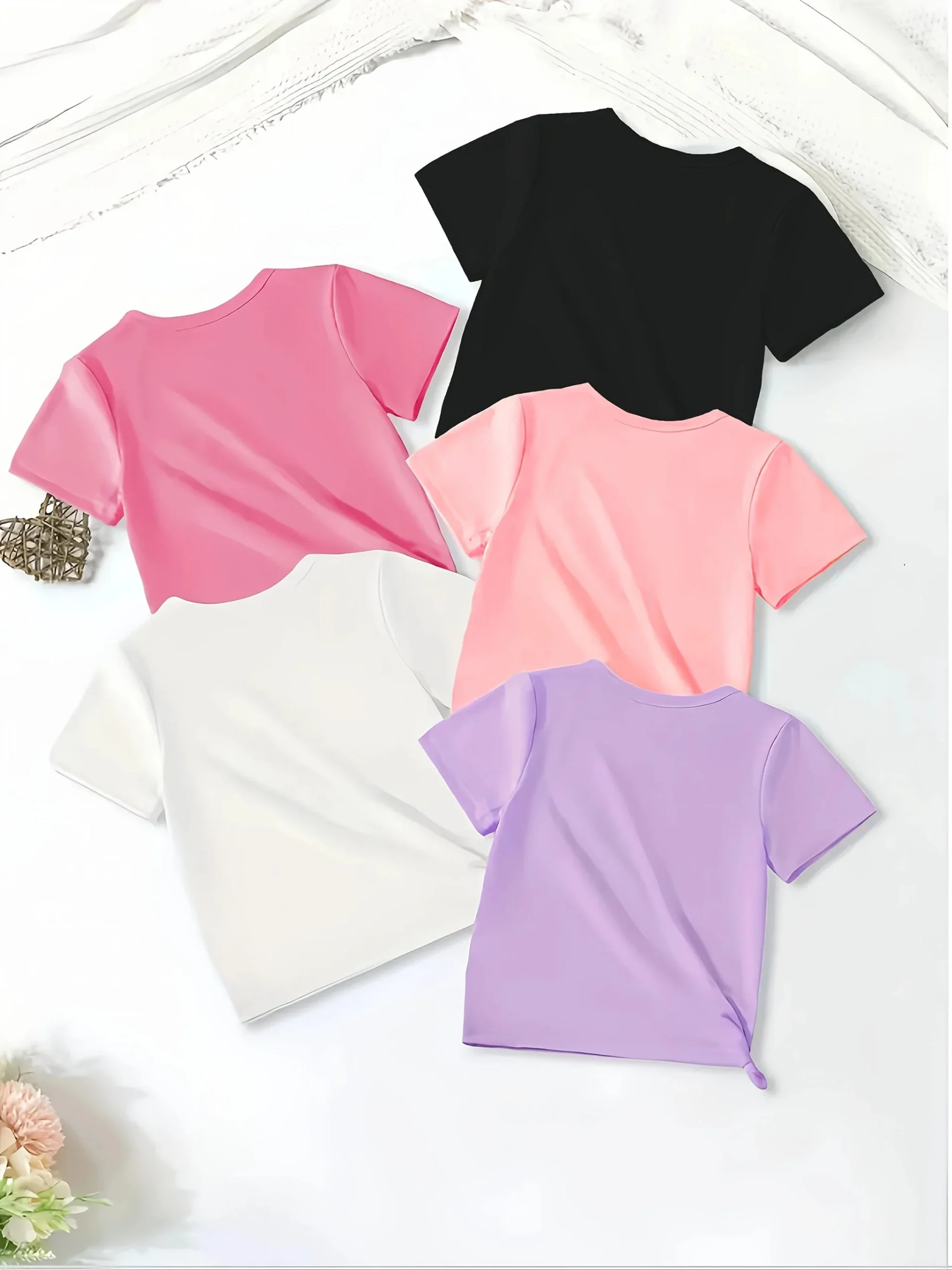 Lot De 5 T-Shirts Fille Cœur Polyester Été Casual Classique – Image 2