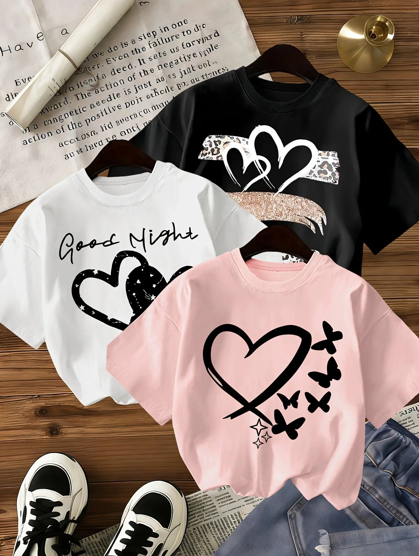 Lot de 3 T Shirts Fille Coeur Imprimé Léopard Noir Rose Blanc – Image 6
