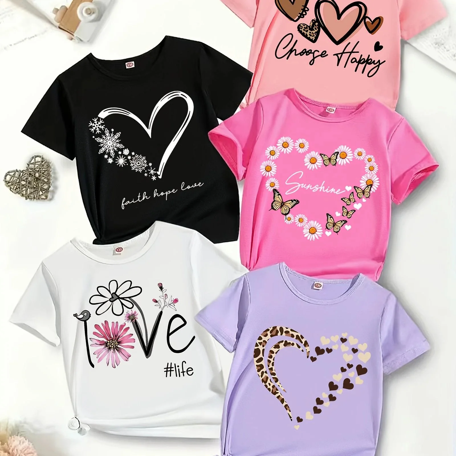 Lot De 5 T-Shirts Fille Cœur Polyester Été Casual Classique – Image 6