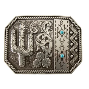 Boucle de Ceinture avec Gravure Florale et Cactus en Argent Vieilli