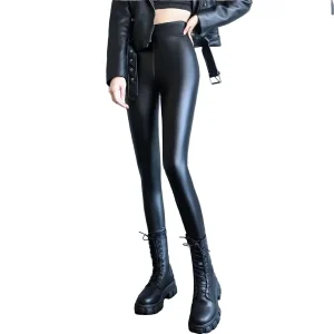Leggings PU Cuir Doublé Polaire Noir Taille Haute