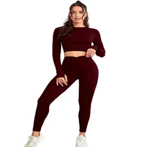 Ensemble Yoga Dentelle Sans Couture Bordeaux Haut Court Et Leggings