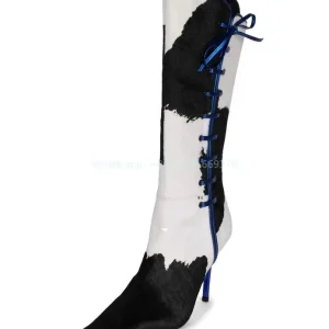 Bottes Mi-Mollet Cuir Blanc Noir Zip Latéral Bleu