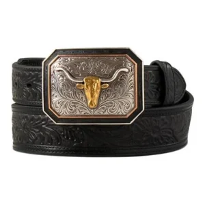Ceinture de cuir Noire avec boucle longhorn - Homme