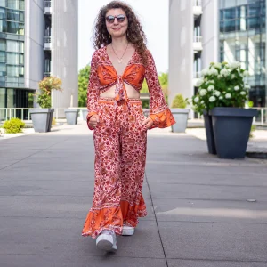 Ensemble boho orange KUTA HATIKU haut à nouer et pantalon large